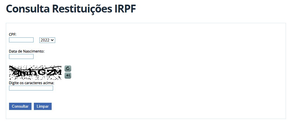 Como consultar restituição - Página de login do serviço COnsulta Restituições IRPF