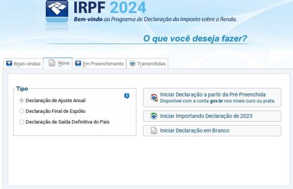 Imagem da tela de nova declaração do programa IRPF 2024 